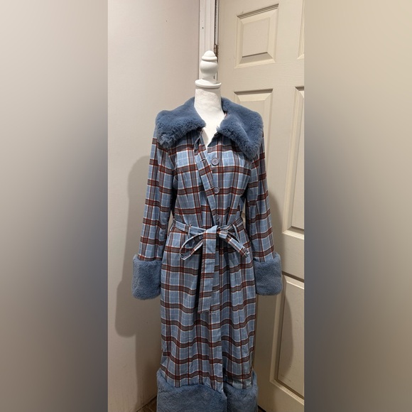 Hot & Delicious Blue and Brown Plaid Trench Coat with Faux Fur - Picture 1 of 10